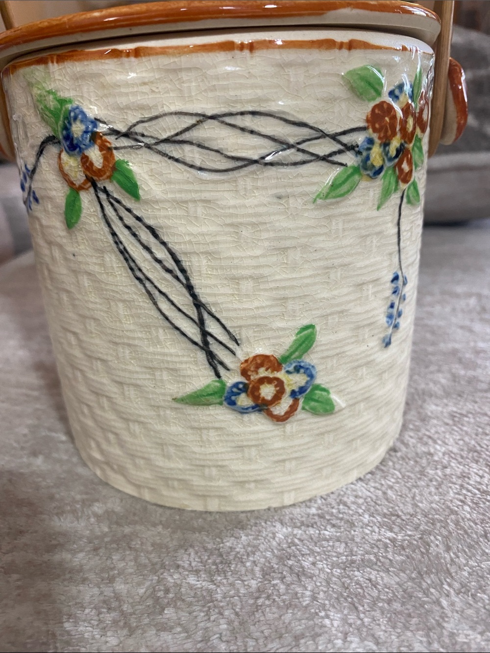 Cream Ceramic Floral Biscuit Jar with Wicker-Style Handle - Picture 5 of 10
